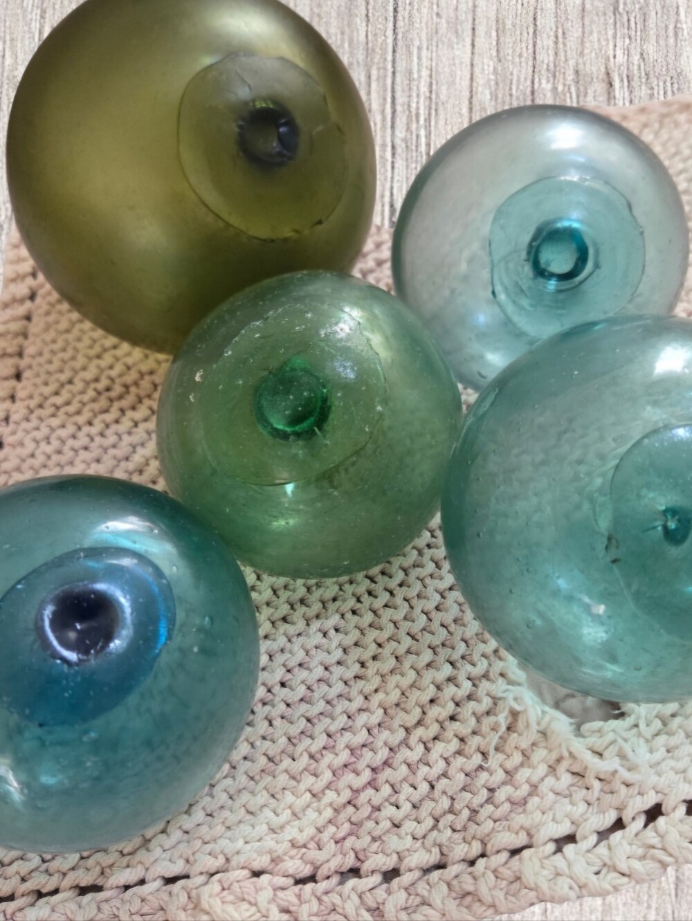 FOUR Japanese Glass Fishing Floats 3" Aqua Green, Coastal Beach House Decor - Picture 3 of 8